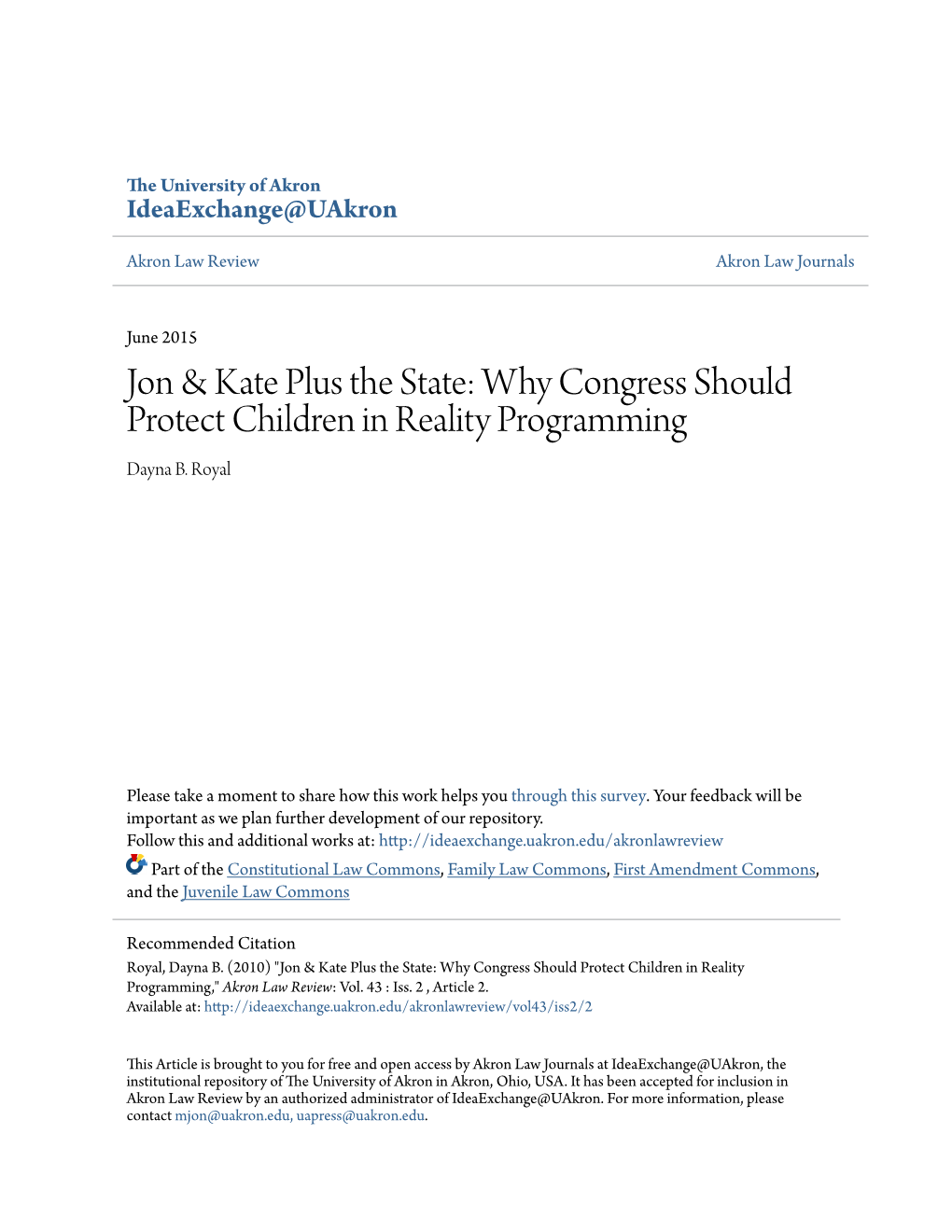 Why Congress Should Protect Children in Reality Programming Dayna B