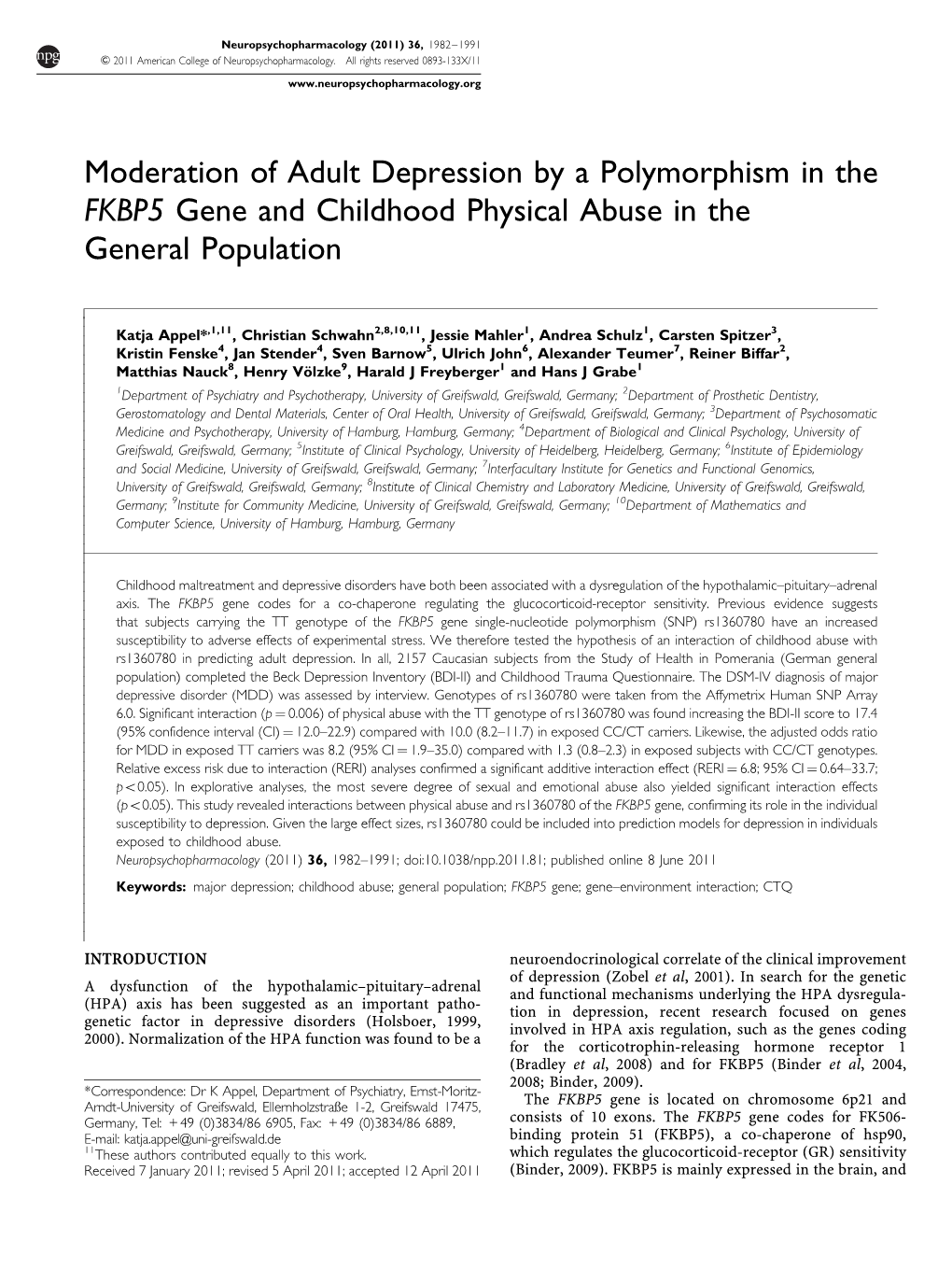 Moderation of Adult Depression by a Polymorphism in the FKBP5 Gene and Childhood Physical Abuse in the General Population