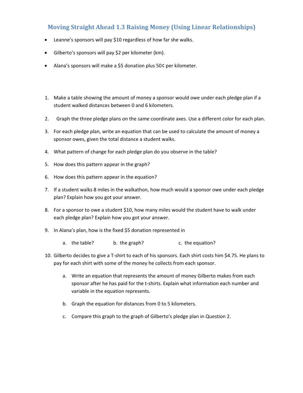 Moving Straight Ahead 1.3 Raising Money (Using Linear Relationships)