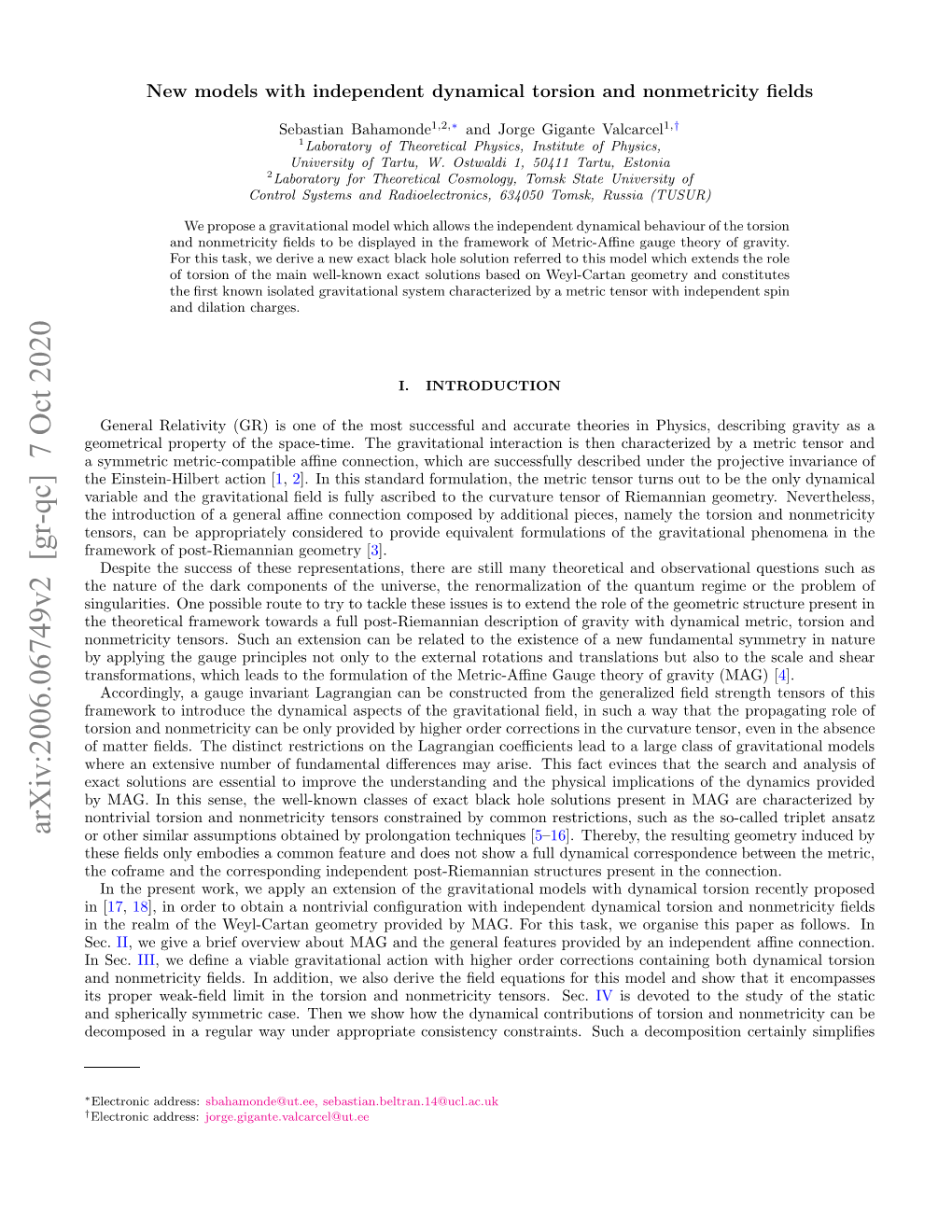 Arxiv:2006.06749V2 [Gr-Qc] 7 Oct 2020 T Rprwa-Edlmti H Oso N Omtiiytnos Se Tensors