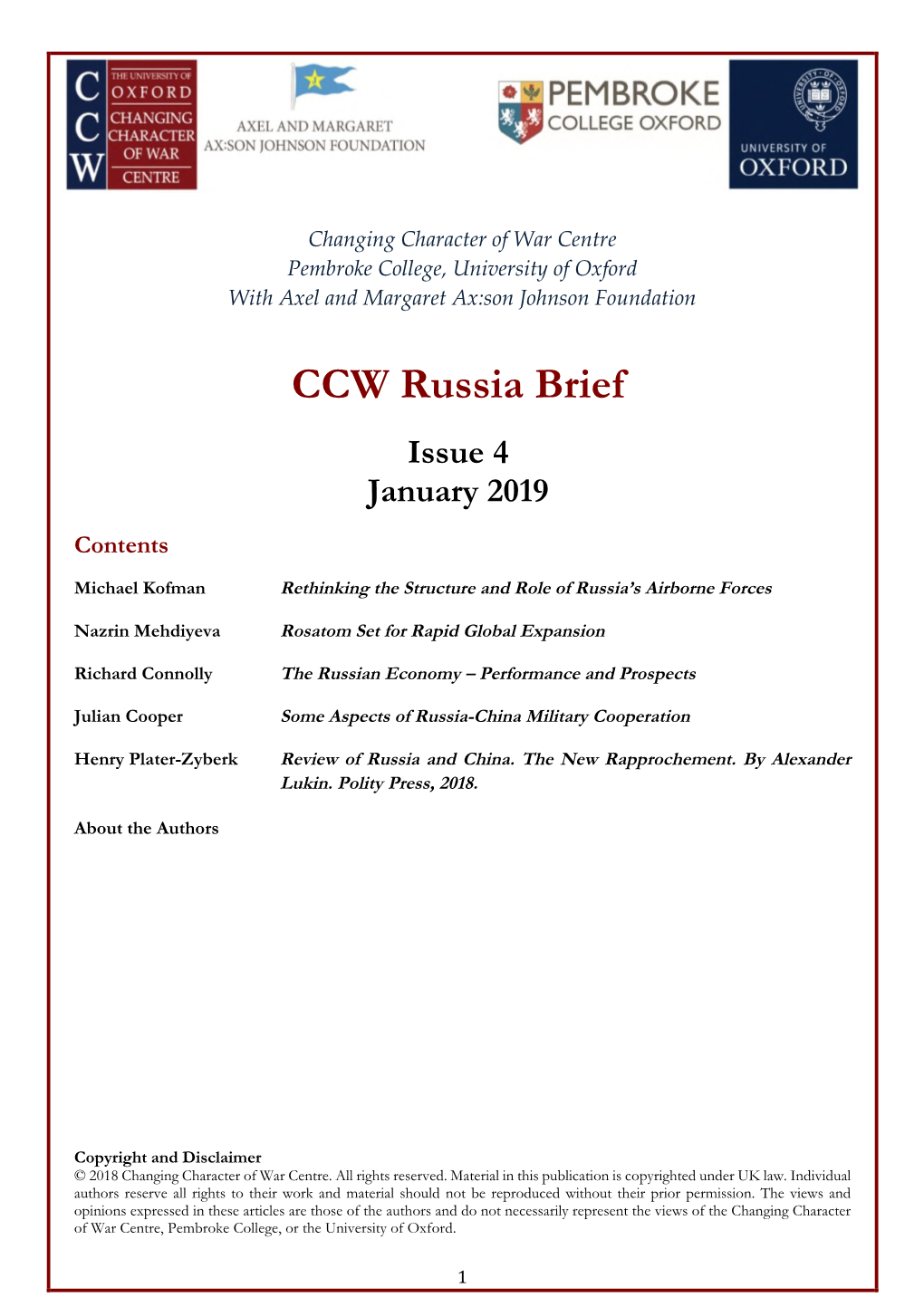 CCW Russia Brief Issue 4 January 2019 Contents