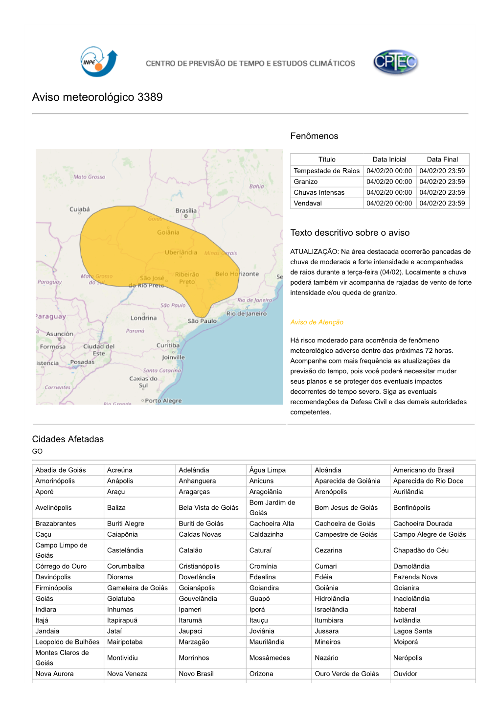 Aviso Meteorológico 3389