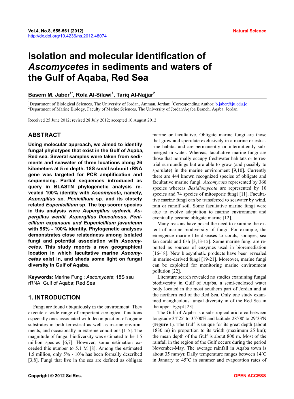 Isolation and Molecular Identification of Ascomycetes in Sediments and Waters of the Gulf of Aqaba, Red Sea
