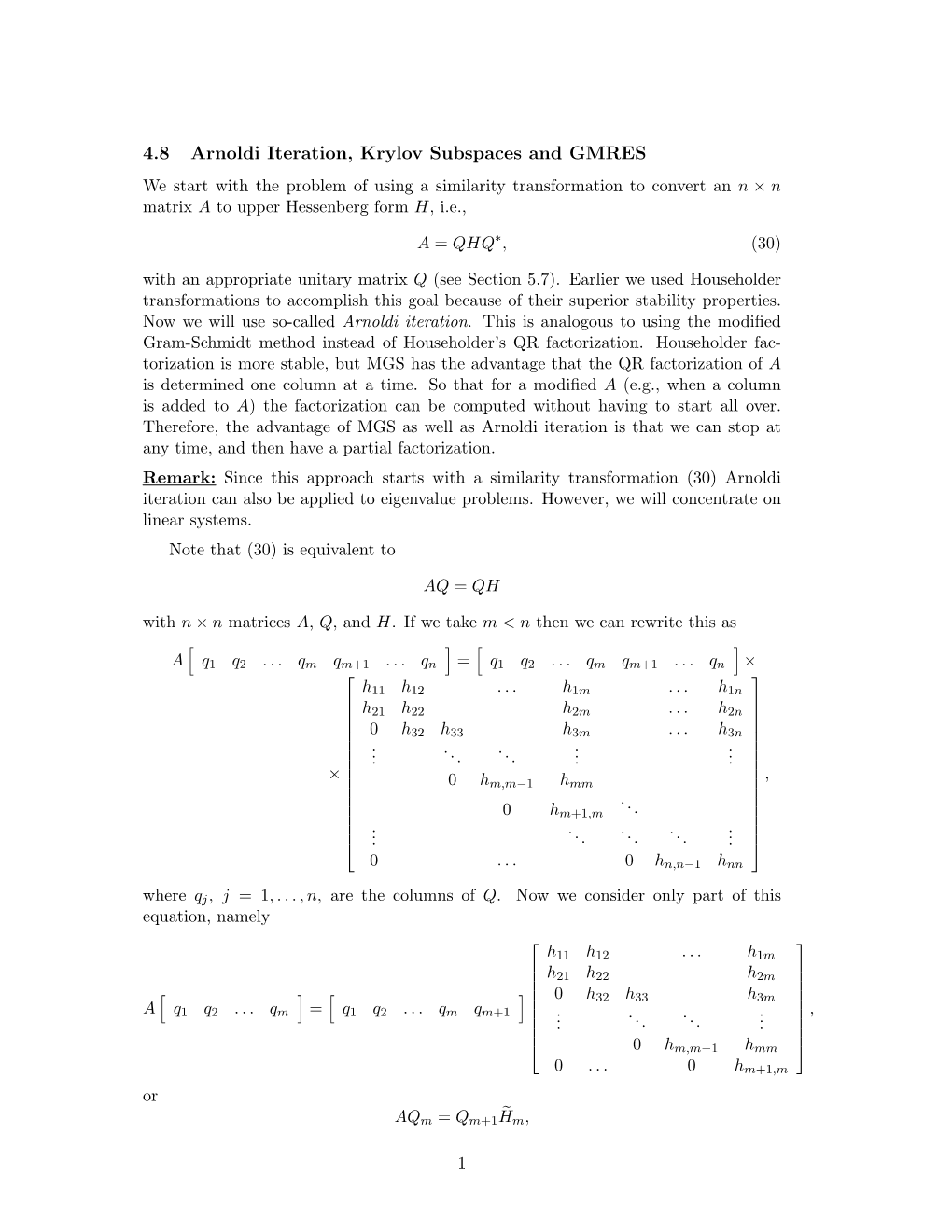 4.8 Arnoldi Iteration, Krylov Subspaces and GMRES