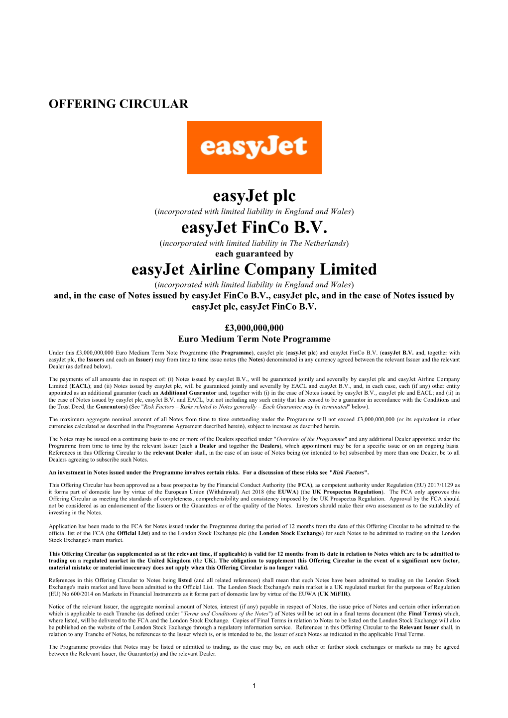 OFFERING CIRCULAR Easyjet