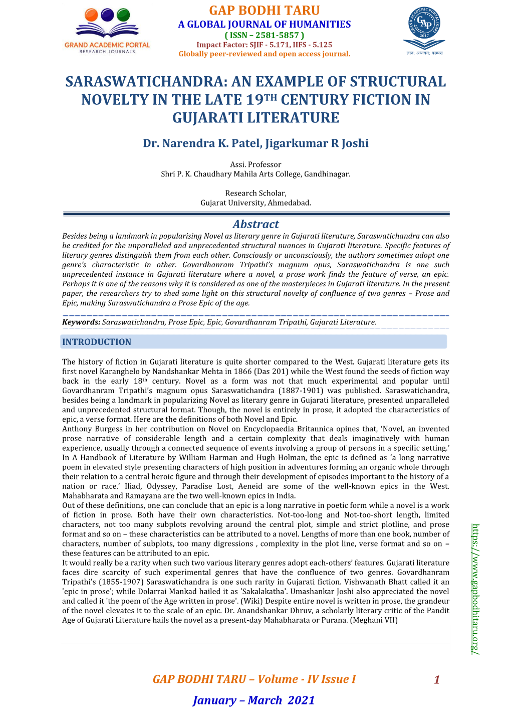 Saraswatichandra: an Example of Structural Novelty in the Late 19Th Century Fiction in Gujarati Literature