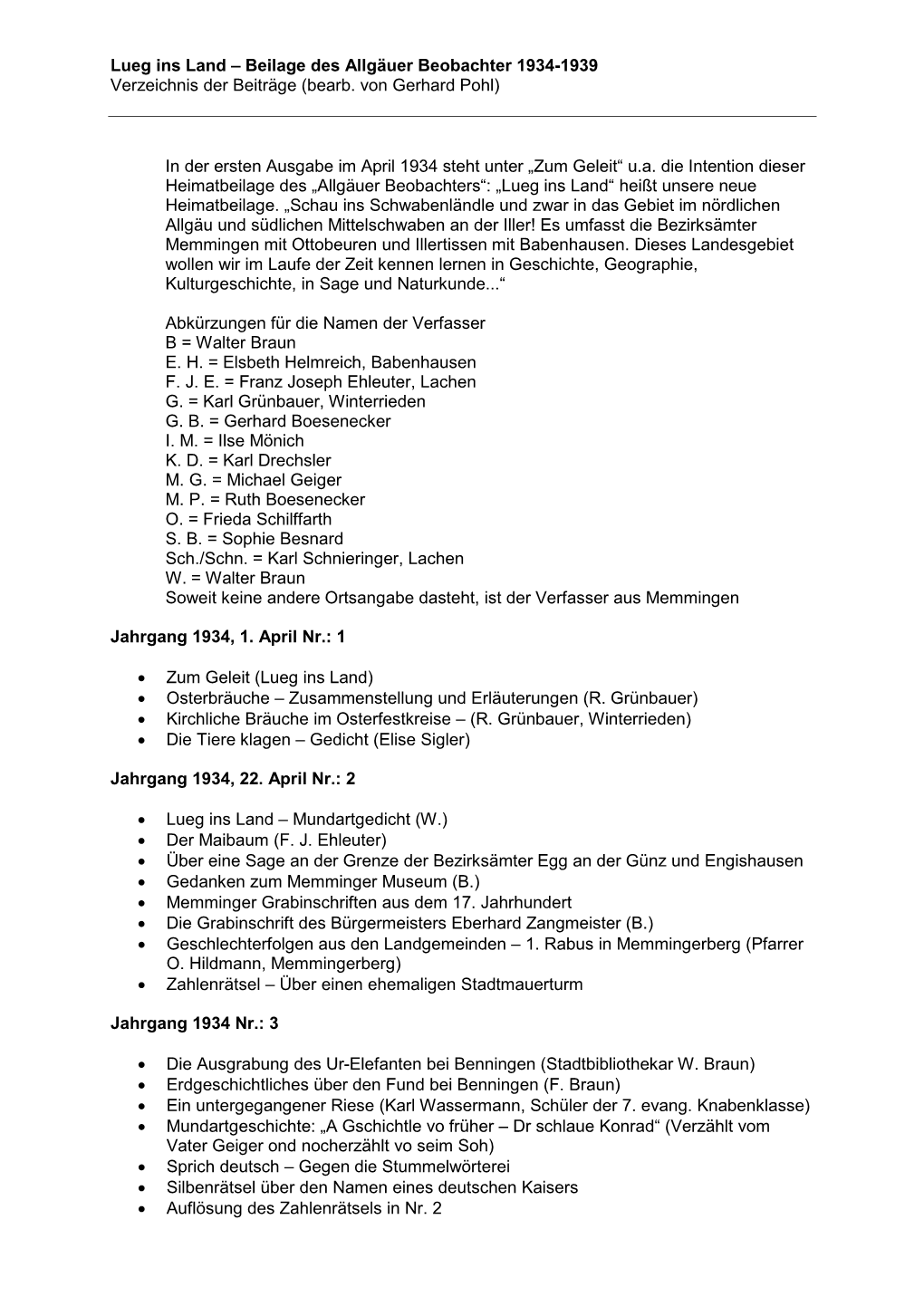 Lueg Ins Land – Beilage Des Allgäuer Beobachter 1934-1939 Verzeichnis Der Beiträge (Bearb