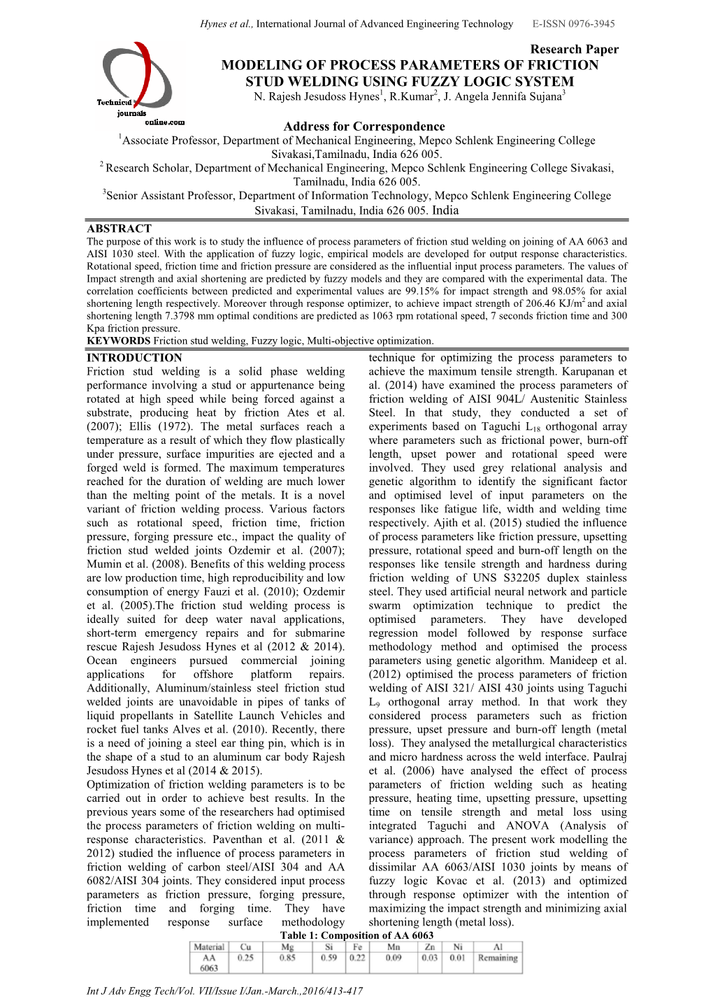 Modeling of Process Parameters of Friction Stud Welding Using Fuzzy Logic System N