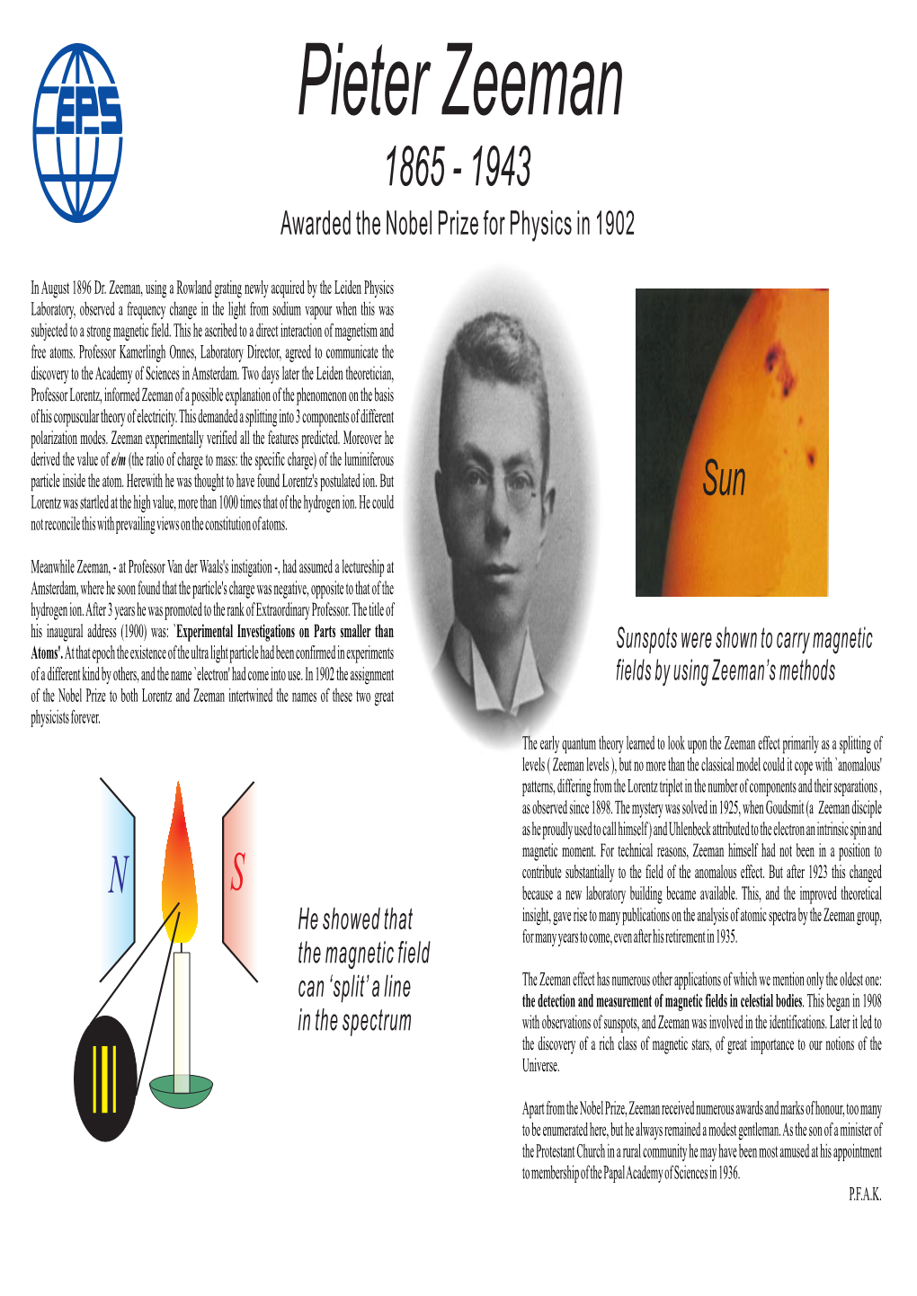 Pieter Zeeman 1865 - 1943 Awarded the Nobel Prize for Physics in 1902