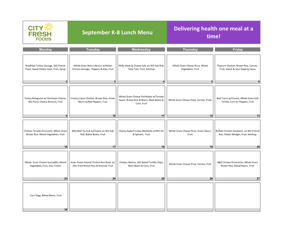 Roxbury Prep September K-8 Lunch Menu