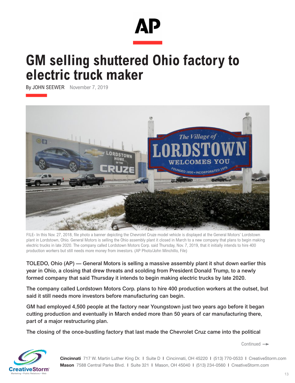 GM Selling Shuttered Ohio Factory to Electric Truck Maker by JOHN SEEWER November 7, 2019
