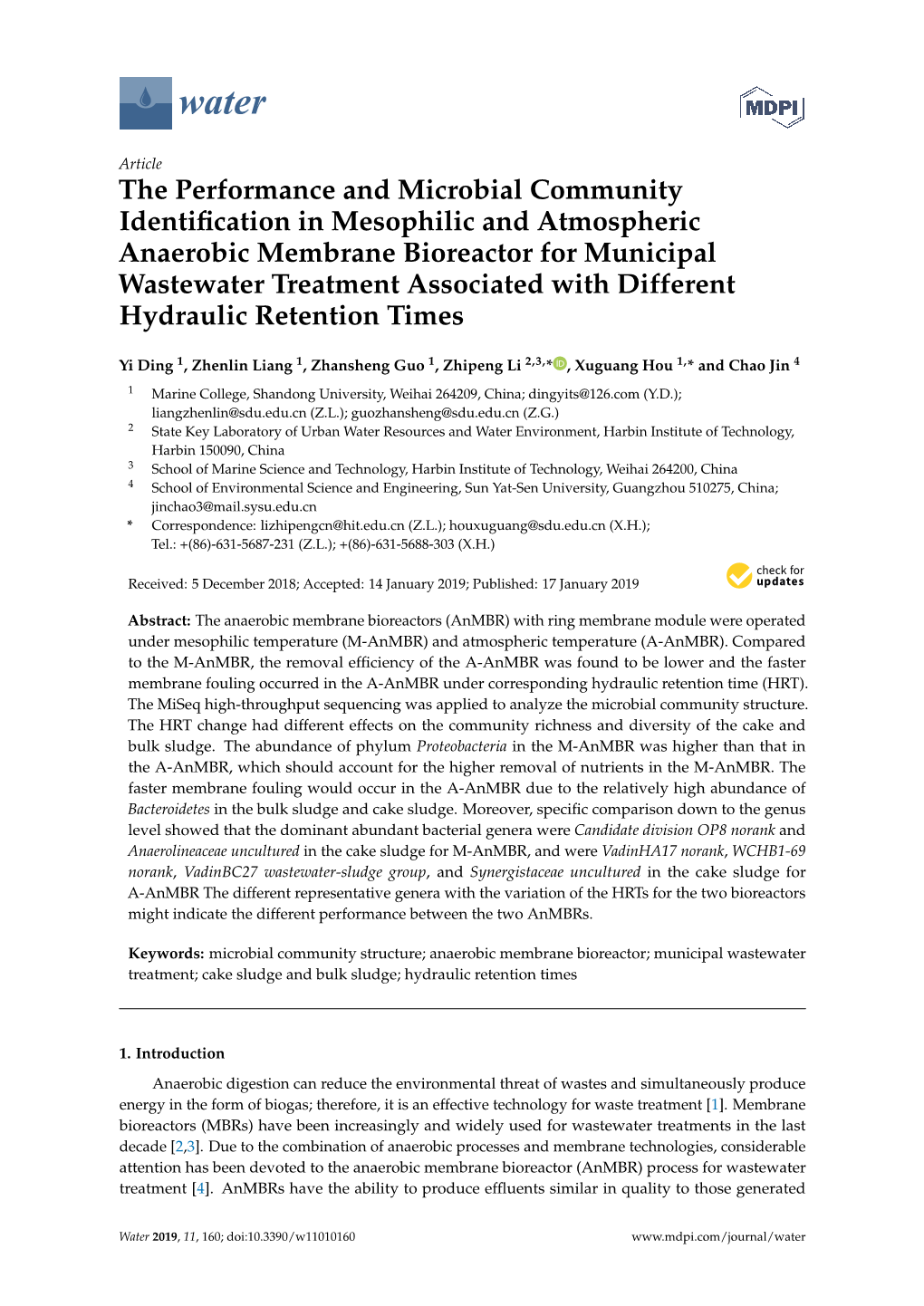 The Performance and Microbial Community Identification in Mesophilic and Atmospheric Anaerobic Membrane Bioreactor for Municipal