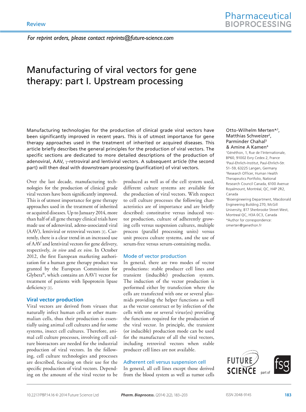 Manufacturing of Viral Vectors for Gene Therapy: Part I