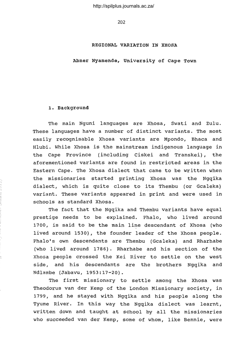 REGIONAL VARIATION in XHOSA Abner Nyamende, University Of