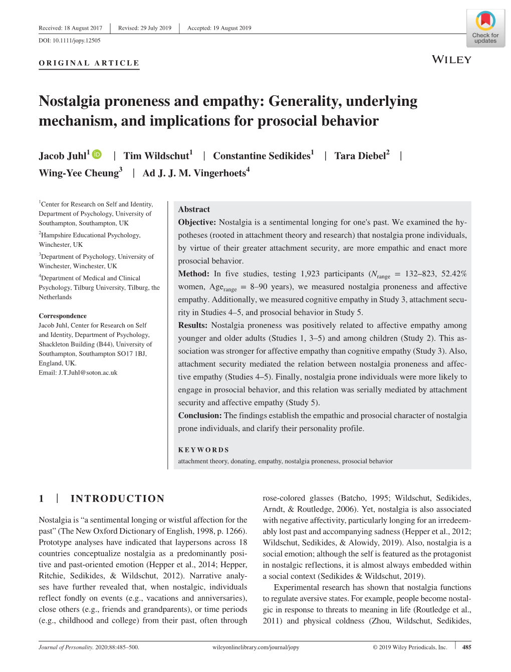 Nostalgia Proneness and Empathy: Generality, Underlying Mechanism, and Implications for Prosocial Behavior