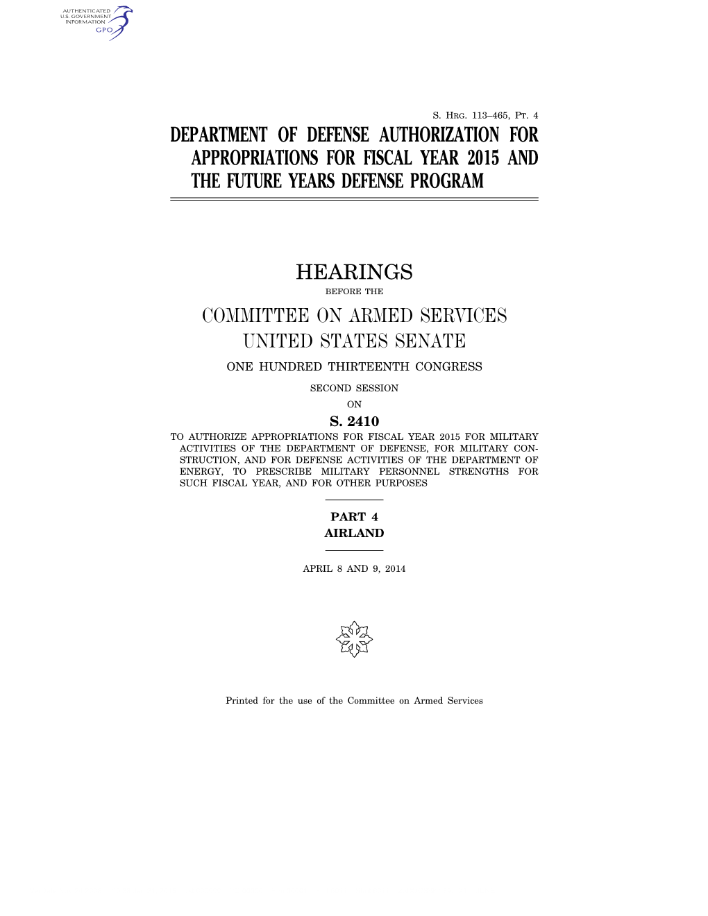 Department of Defense Authorization for Appropriations for Fiscal Year 2015 and the Future Years Defense Program