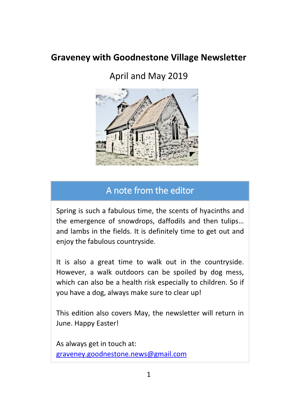 Graveney with Goodnestone Village Newsletter April and May 2019 a Note from the Editor