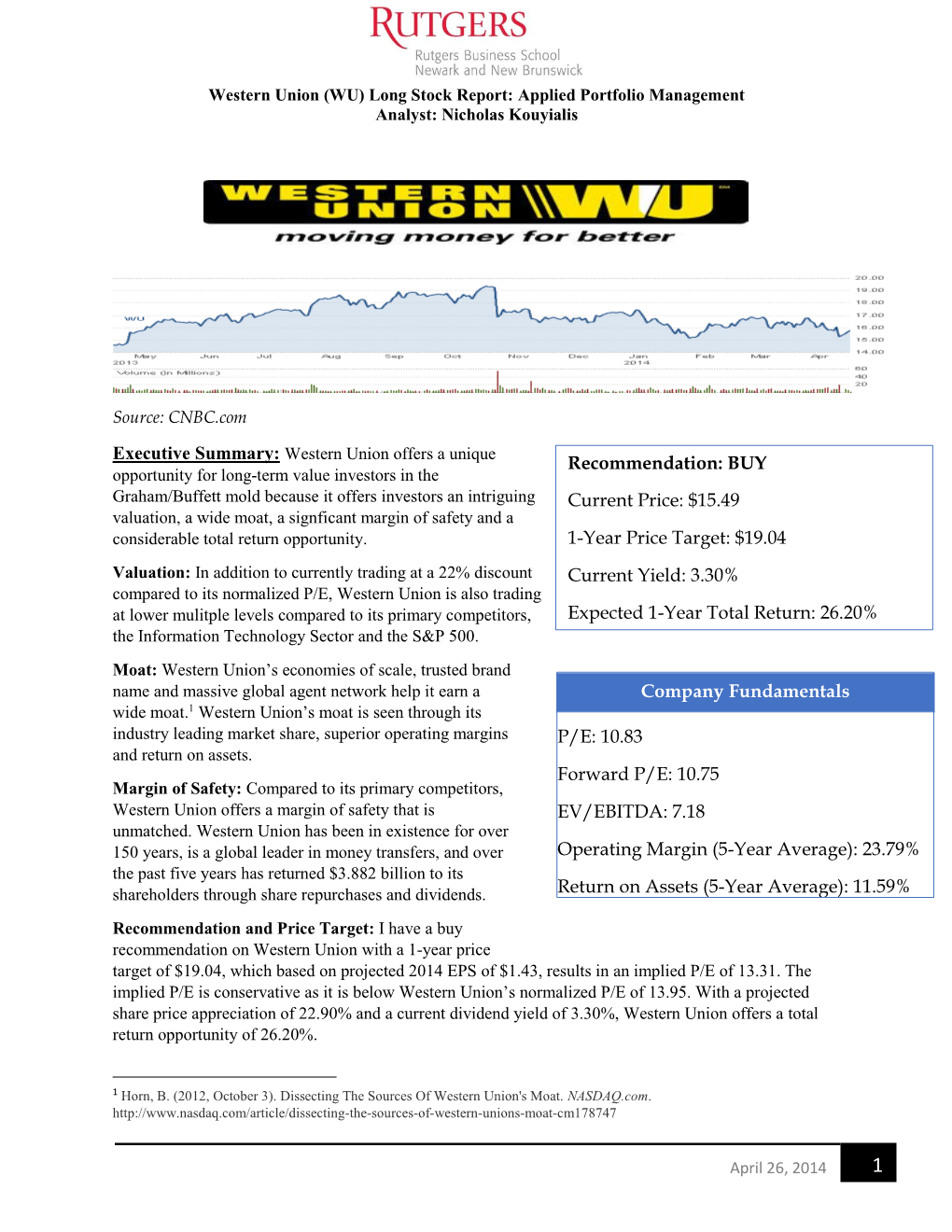 Western Union (WU) Long Stock Report: Applied Portfolio Management Analyst: Nicholas Kouyialis