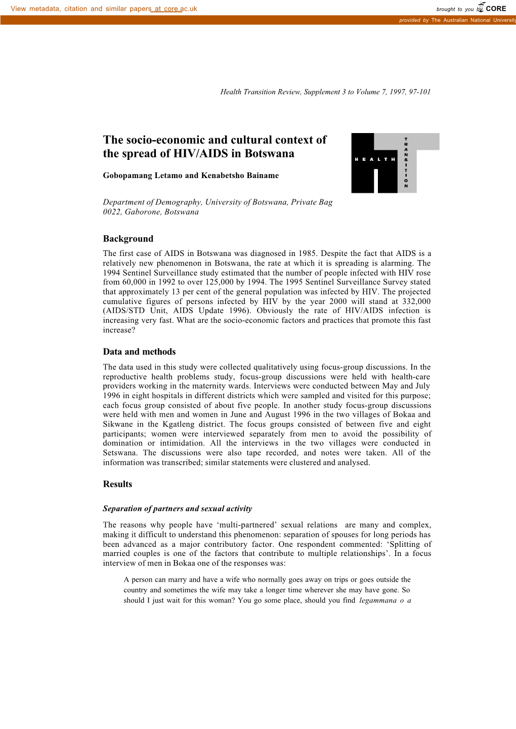 The Socio-Economic and Cultural Context of the Spread of HIV/AIDS in Botswana