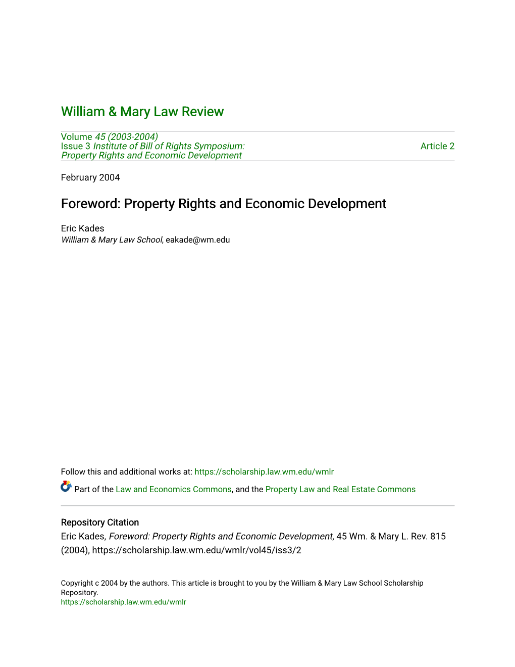 Foreword: Property Rights and Economic Development