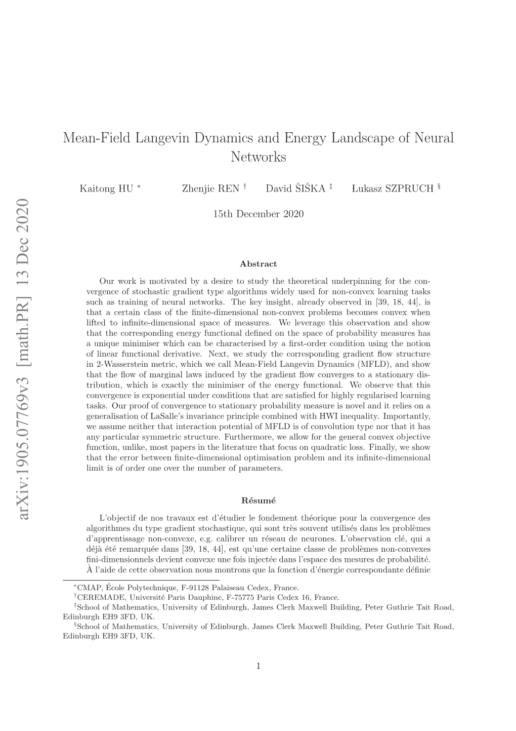 Mean-Field Langevin Dynamics and Energy Landscape of Neural