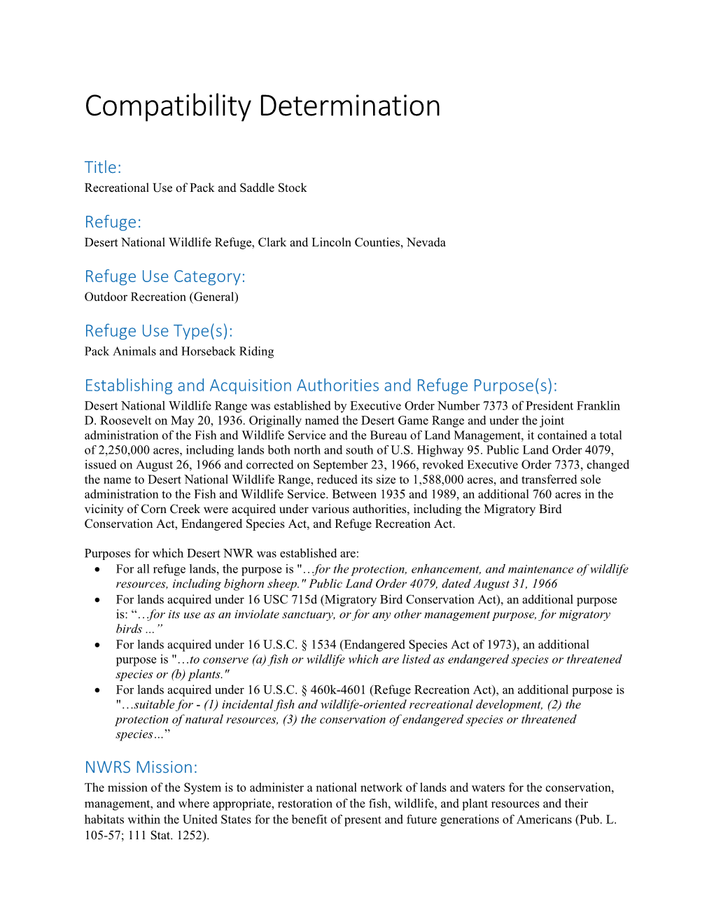 Compatibility Determination for Recreational Use of Pack and Saddle Stock on Desert National Wildlife Refuge, Clark and Lincoln