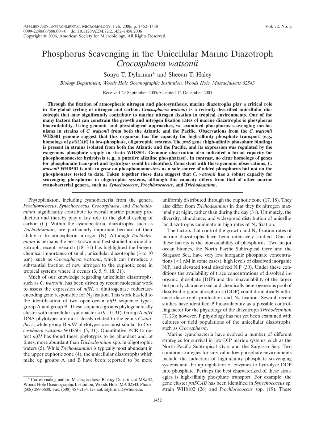 Phosphorus Scavenging in the Unicellular Marine Diazotroph Crocosphaera Watsonii Sonya T