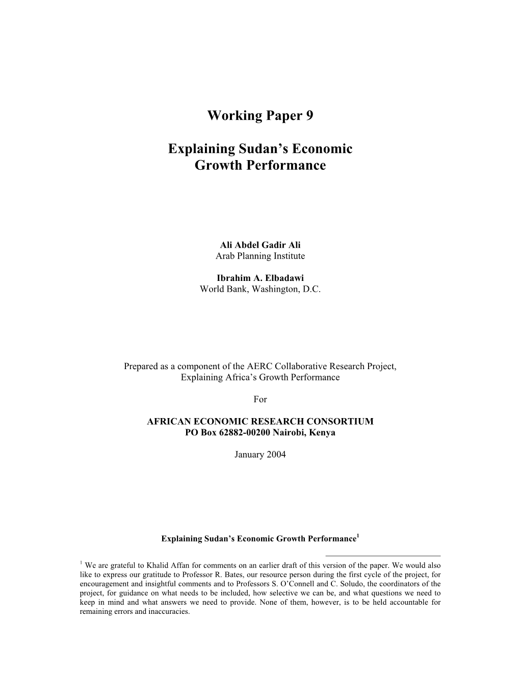 Working Paper 9 Explaining Sudan's Economic Growth Performance