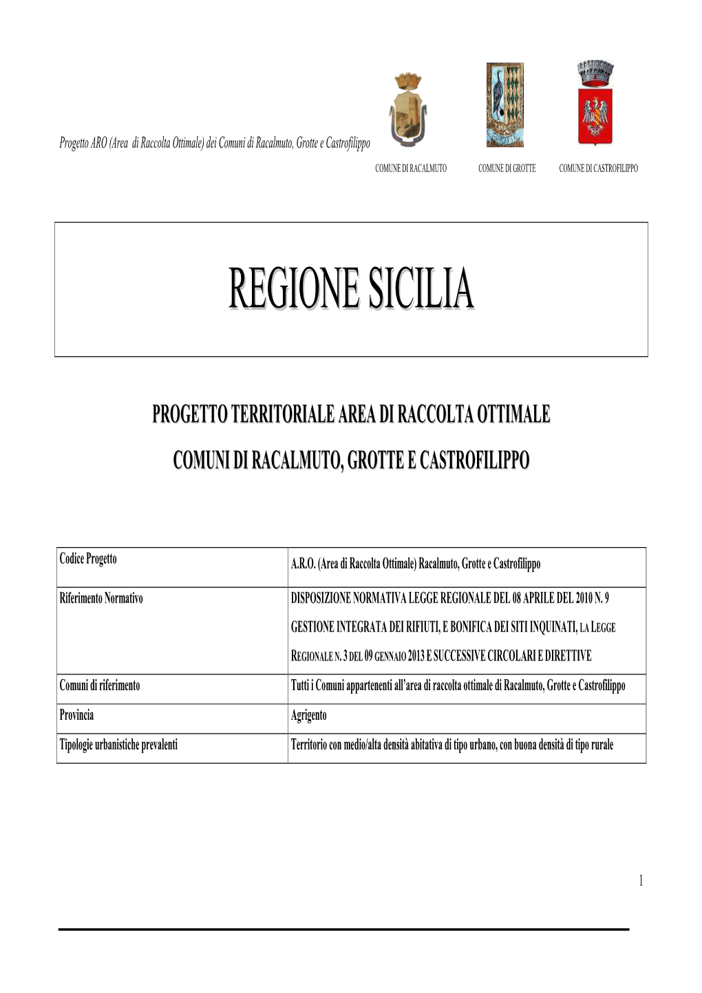 Regione Siciliana Assessorato Dell’Energia E Dei Servizi Di Pubblica Utilità Dipartimento Acqua E Rifiuti, Il Progetto Di A.R.O