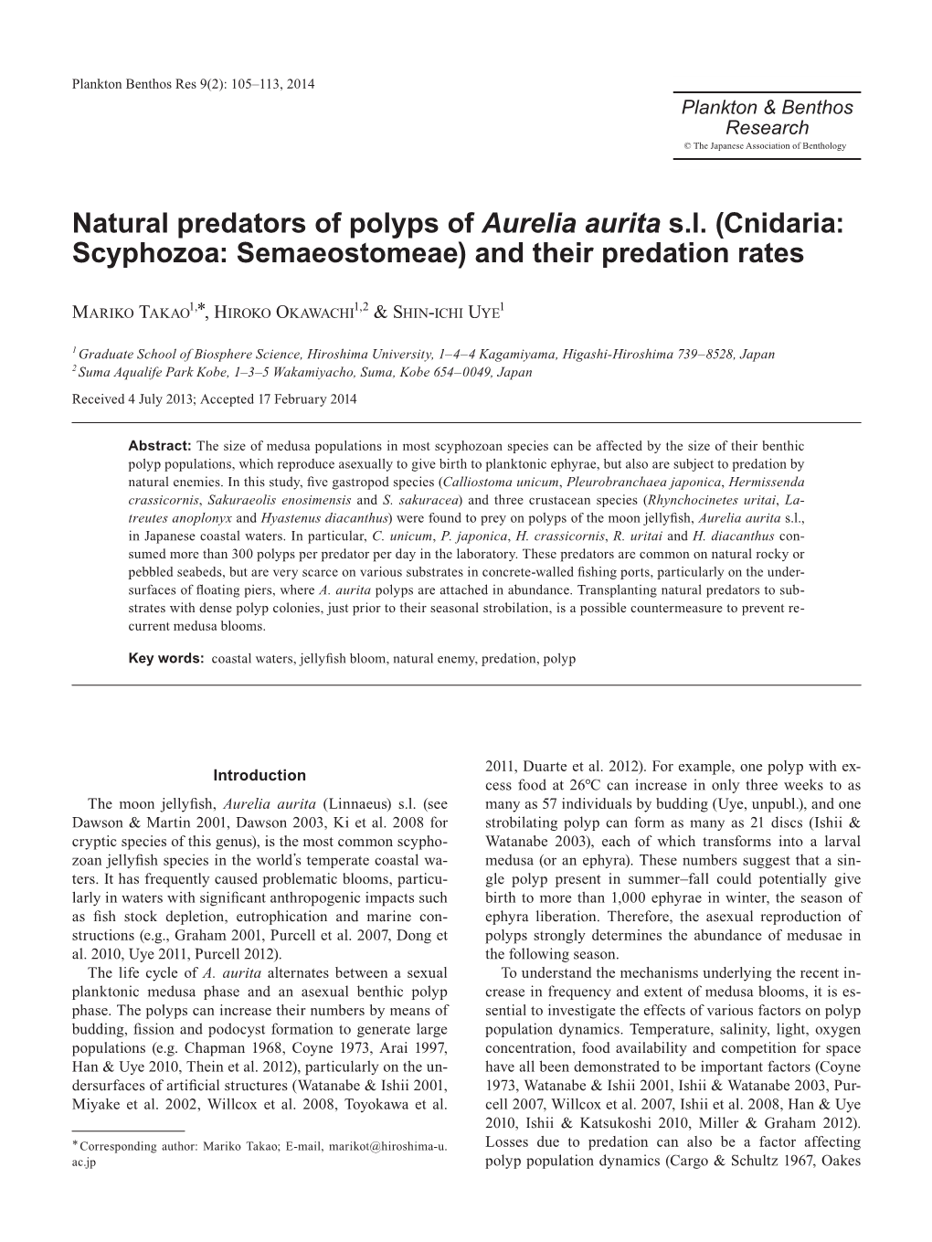 Natural Predators of Polyps of Aurelia Aurita Sl (Cnidaria: Scyphozoa