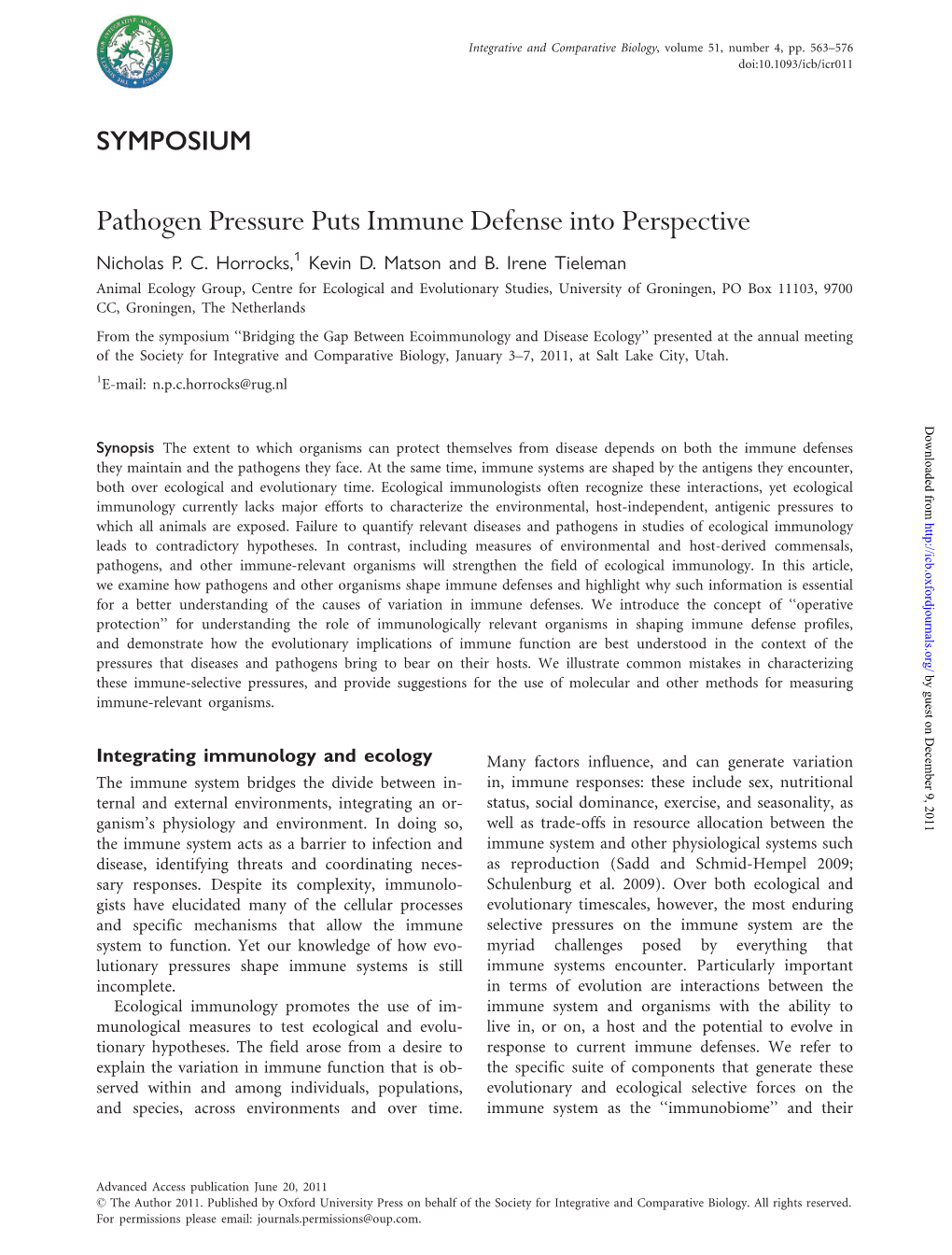 Pathogen Pressure Puts Immune Defense Into Perspective Nicholas P