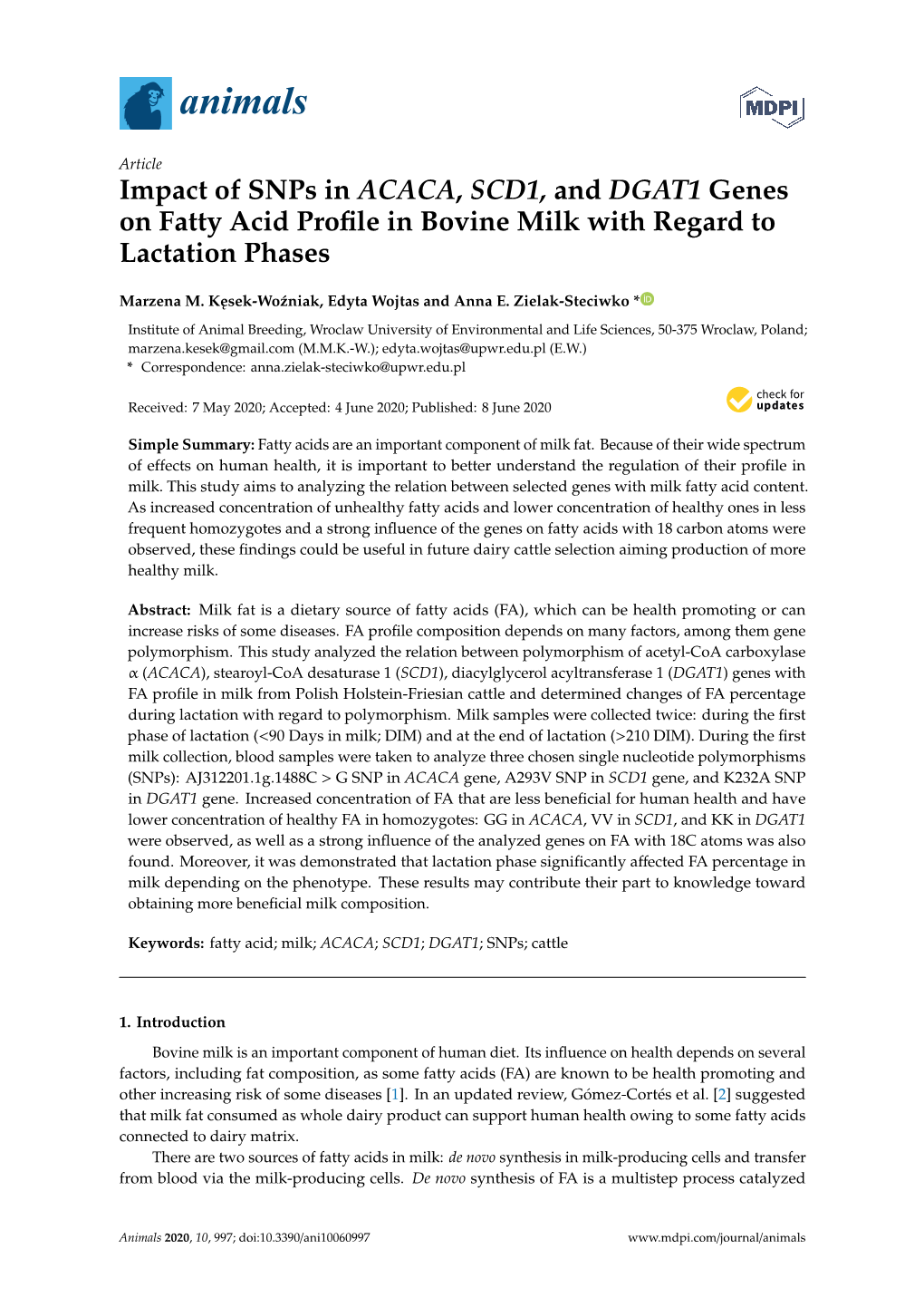 Impact of Snps in ACACA, SCD1, and DGAT1 Genes on Fatty Acid Profile