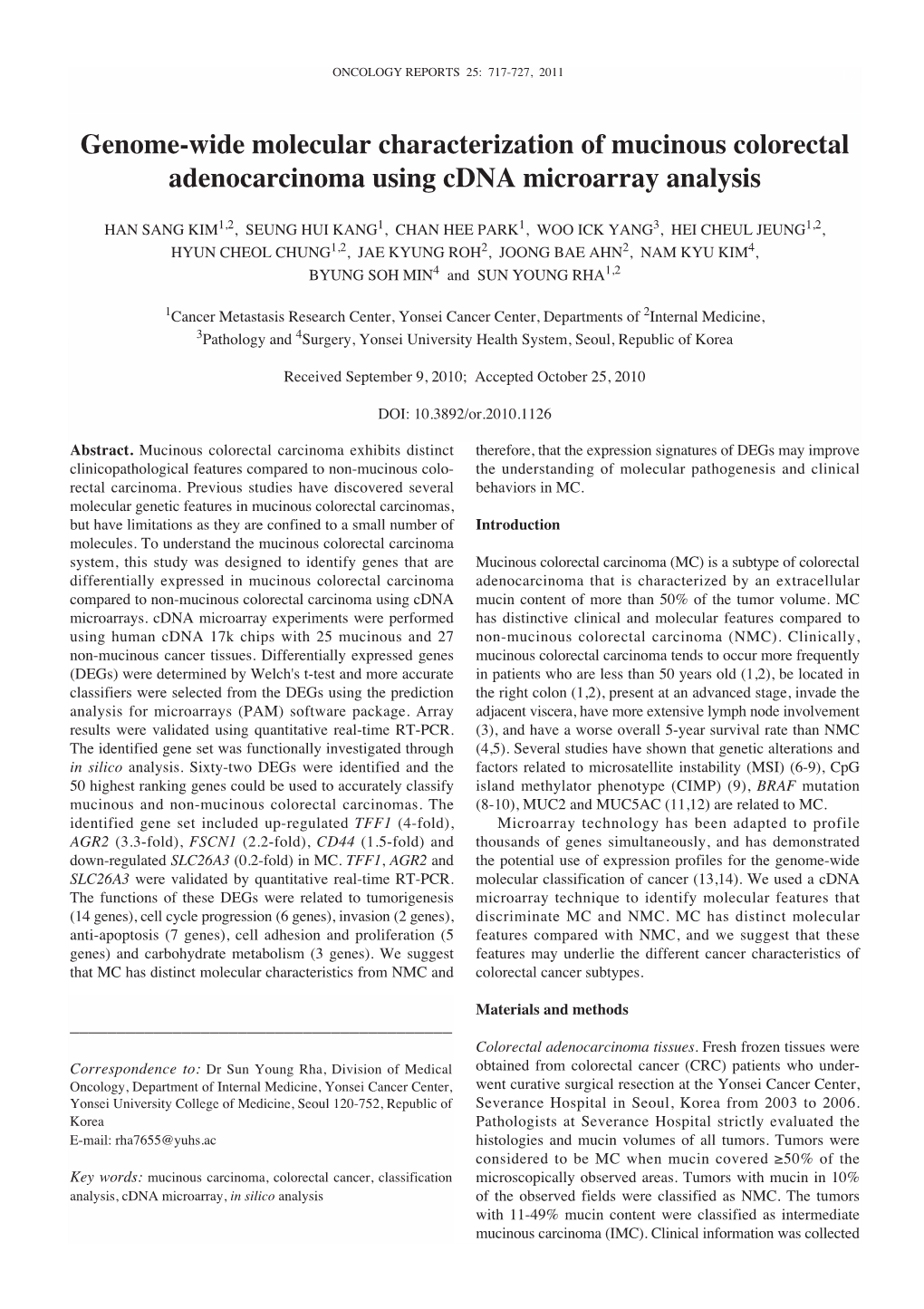 Genome-Wide Molecular Characterization of Mucinous Colorectal Adenocarcinoma Using Cdna Microarray Analysis