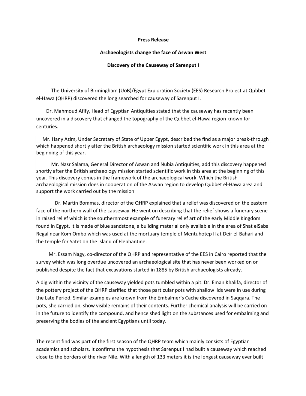 Press Release Archaeologists Change the Face of Aswan West Discovery