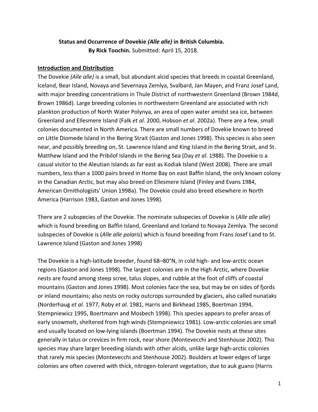 Status and Occurrence of Dovekie (Alle Alle) in British Columbia. by Rick Toochin