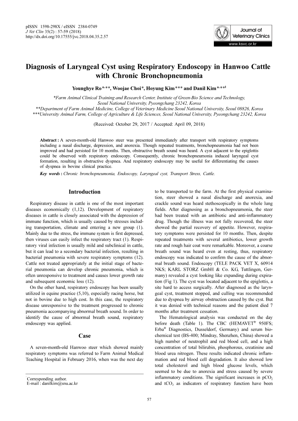 Diagnosis of Laryngeal Cyst Using Respiratory Endoscopy in Hanwoo Cattle with Chronic Bronchopneumonia