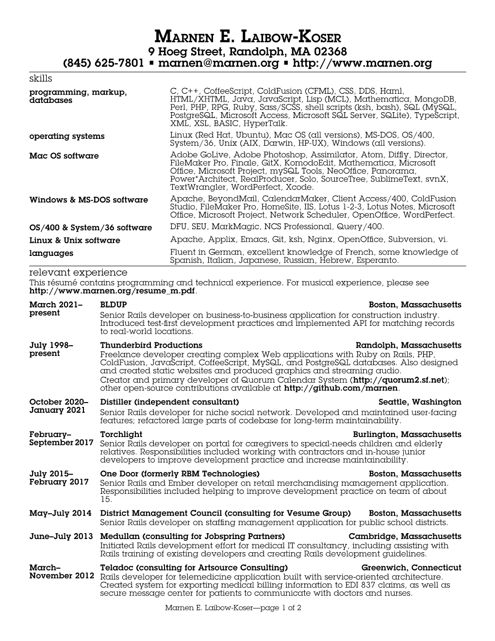 Résumé Contains Programming and Technical Experience