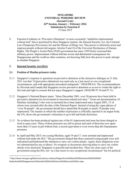 SINGAPORE UNIVERSAL PERIODIC REVIEW (Second Cycle) 24Th Session, January – February 2016 Submission by Function 8 15 June 2015