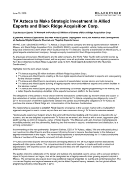 TV Azteca to Make Strategic Investment in Allied Esports and Black Ridge Acquisition Corp