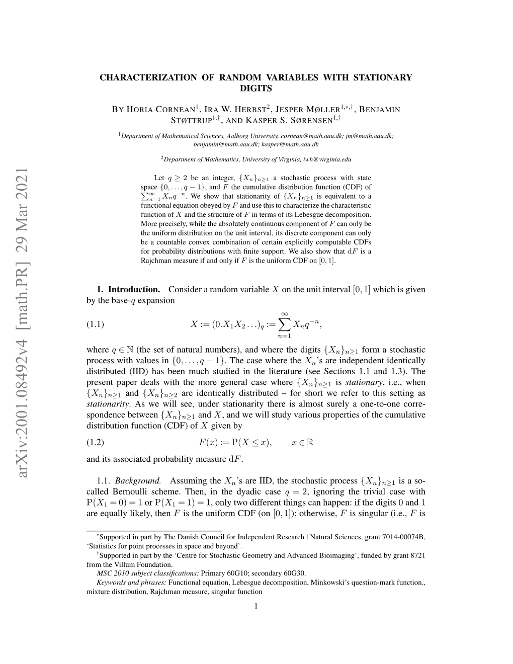 Arxiv:2001.08492V4 [Math.PR] 29 Mar 2021 1.1