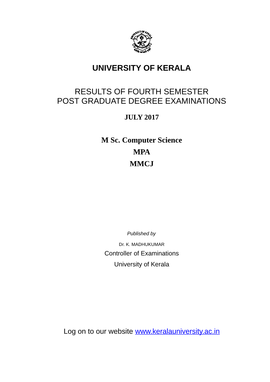 University of Kerala Results of Fourth Semester Post
