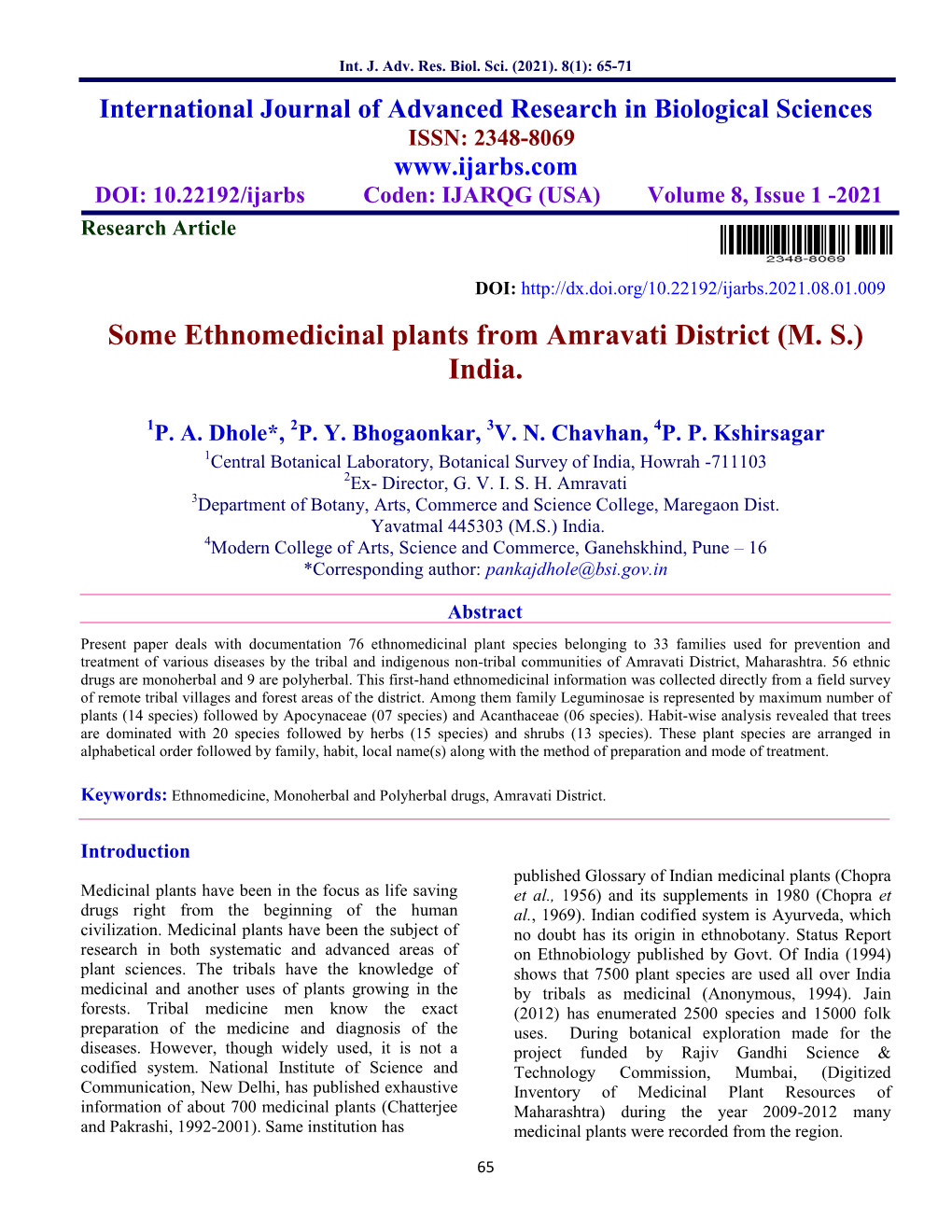 Some Ethnomedicinal Plants from Amravati District (M. S.) India