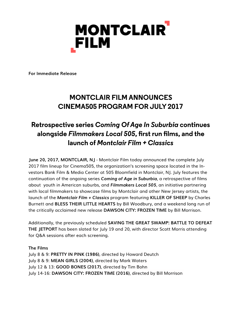 Montclair Film Announces July 2017 Lineup at Cinema505