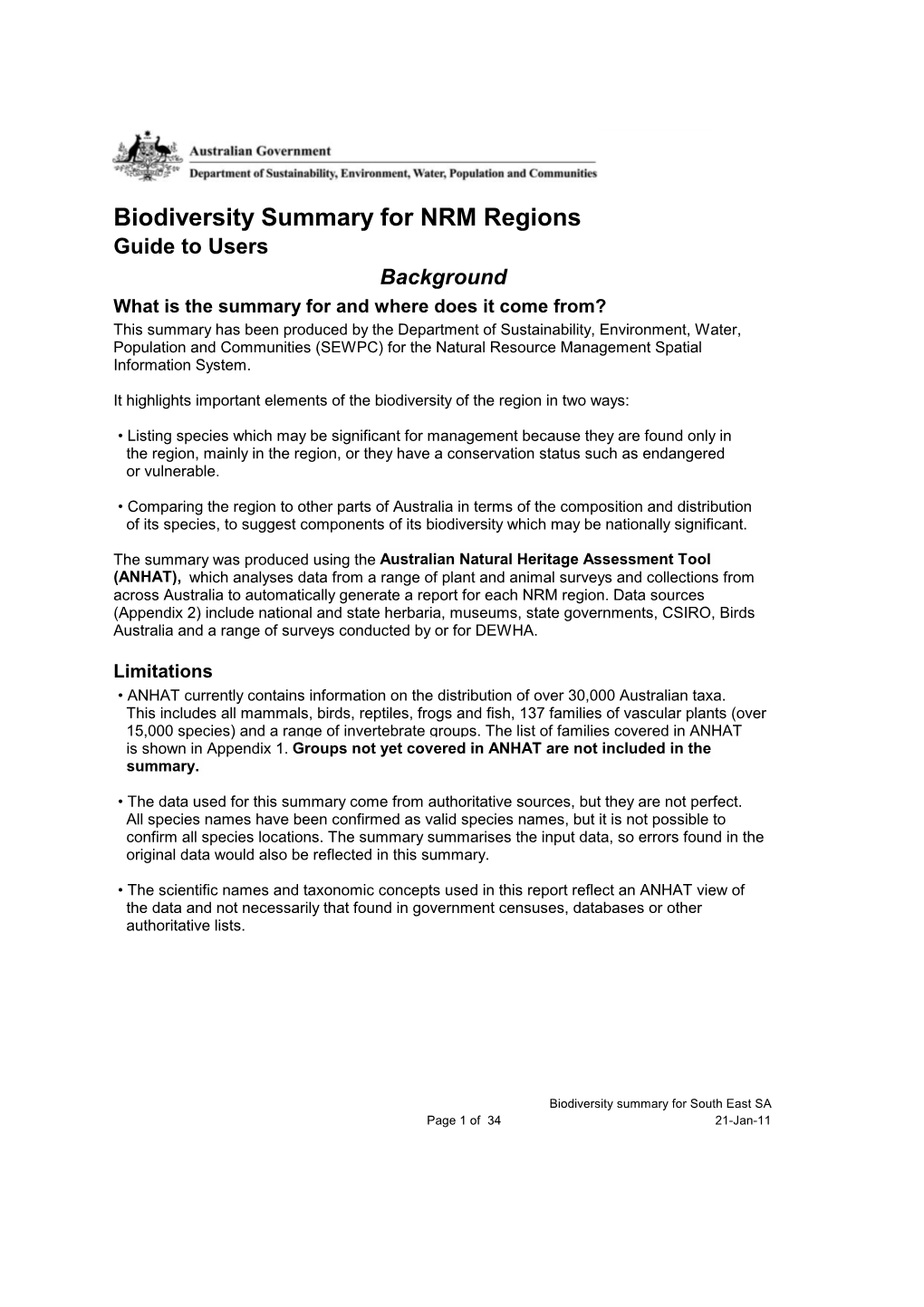 Biodiversity Summary: South East, South Australia