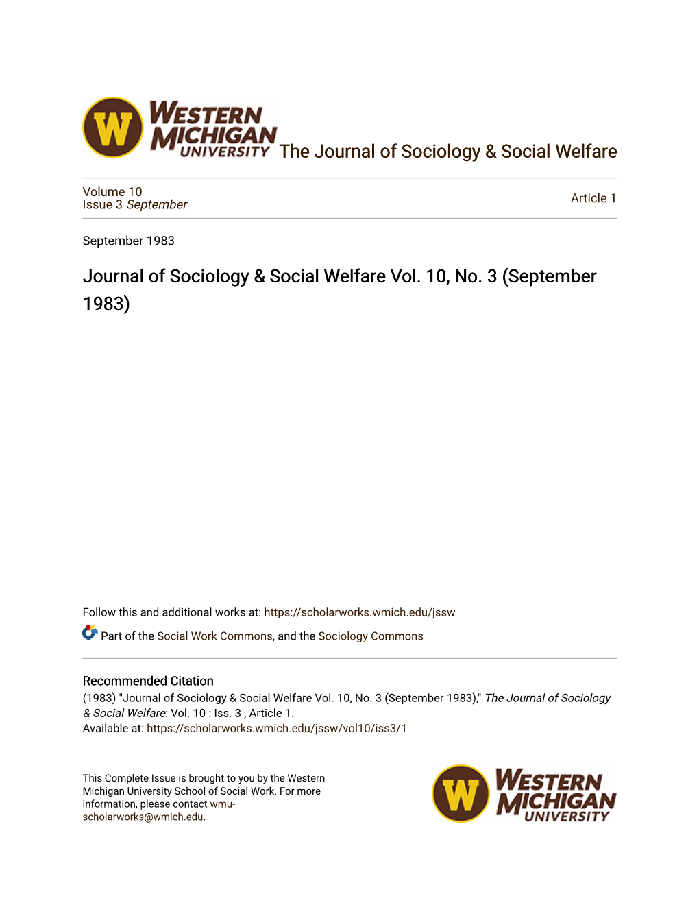Journal of Sociology & Social Welfare Vol. 10, No. 3