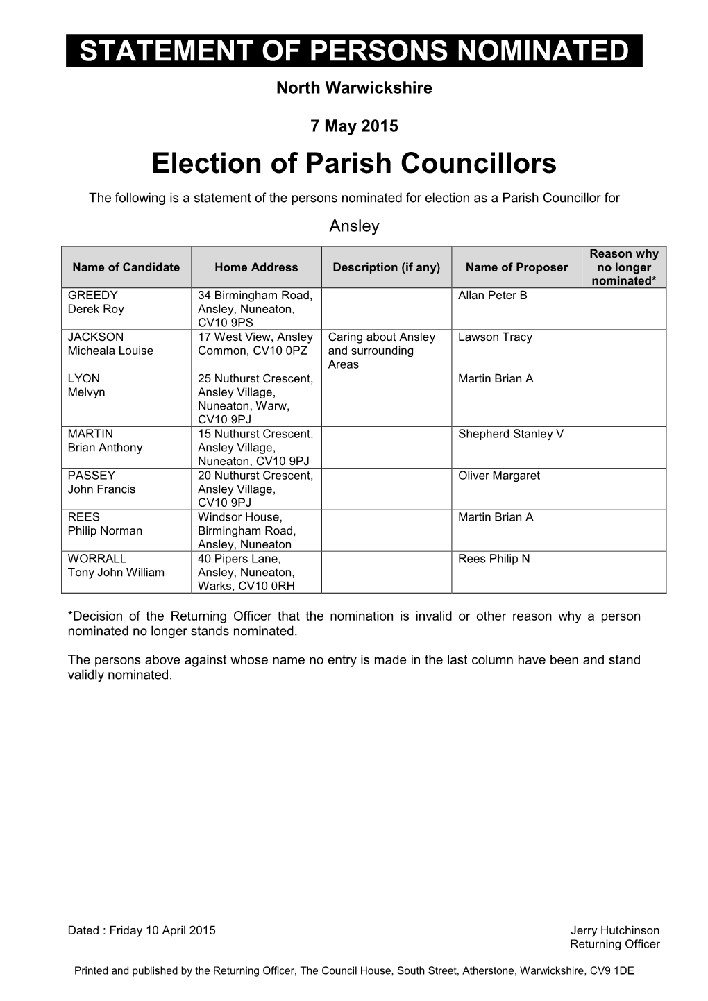 STATEMENT of PERSONS NOMINATED Election of Parish