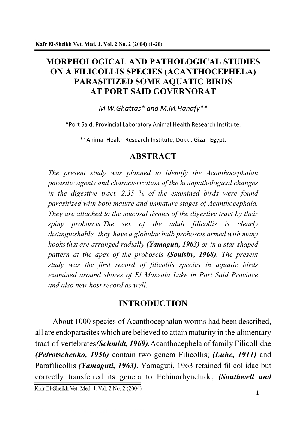 (Acanthocephela) Parasitized Some Aquatic Birds at Port Said Governorat