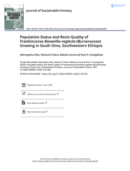 Population Status and Resin Quality of Frankincense Boswellia Neglecta (Burseraceae) Growing in South Omo, Southwestern Ethiopia