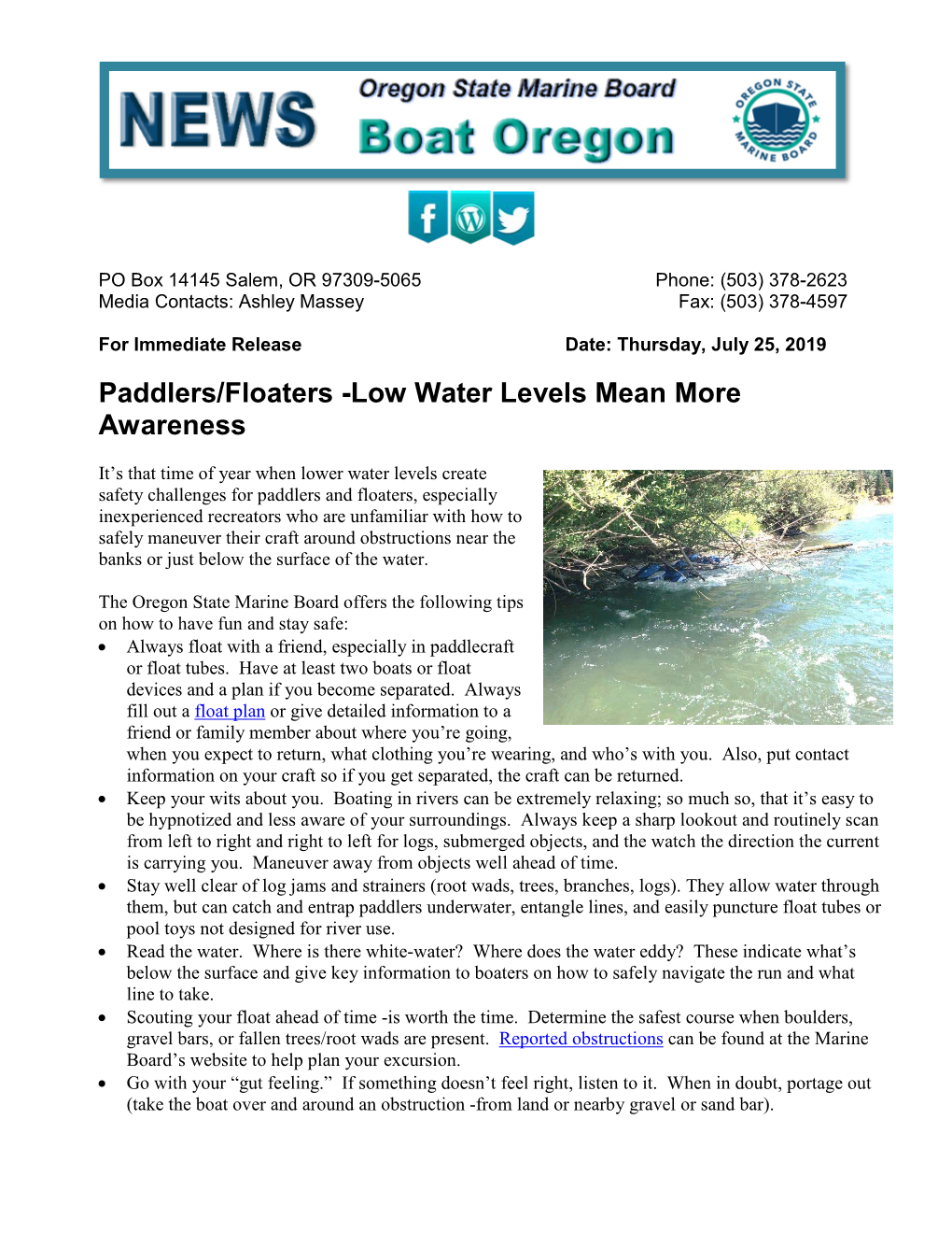 Paddlers/Floaters -Low Water Levels Mean More Awareness