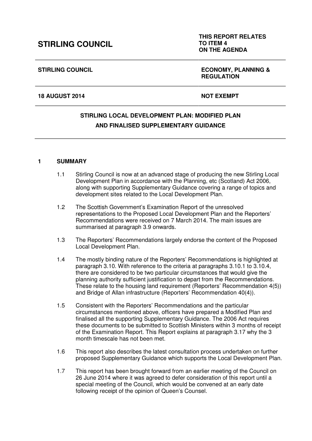 Stirling Local Development Plan: Modified Plan and Finalised Supplementary Guidance